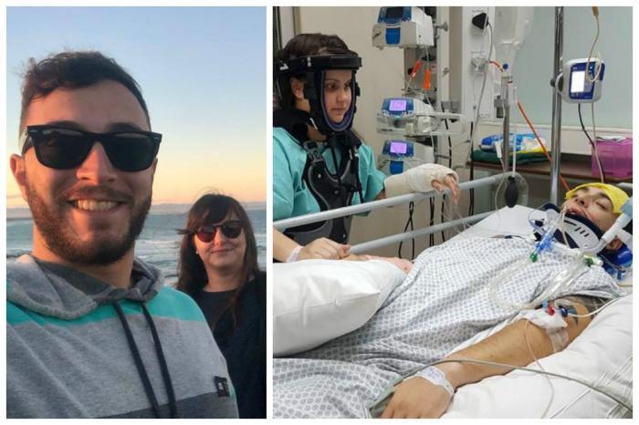Foto de um casal sorrindo, seguida de outra foto do mesmo casal internados em um hospital